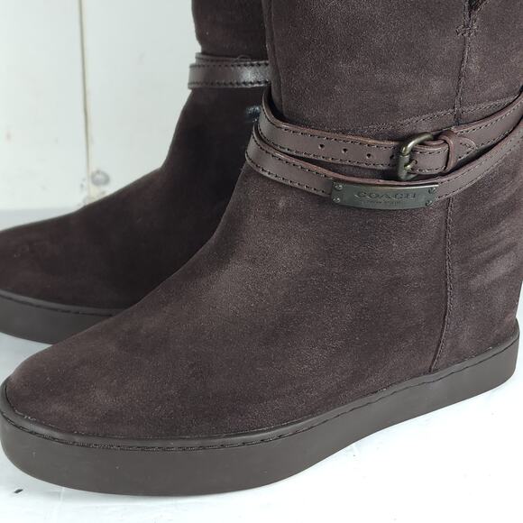 Coach Women's Norell US 7B Brown Suede Fold Down Sherpa Wedge Shearling Boots - Picture 13 of 16